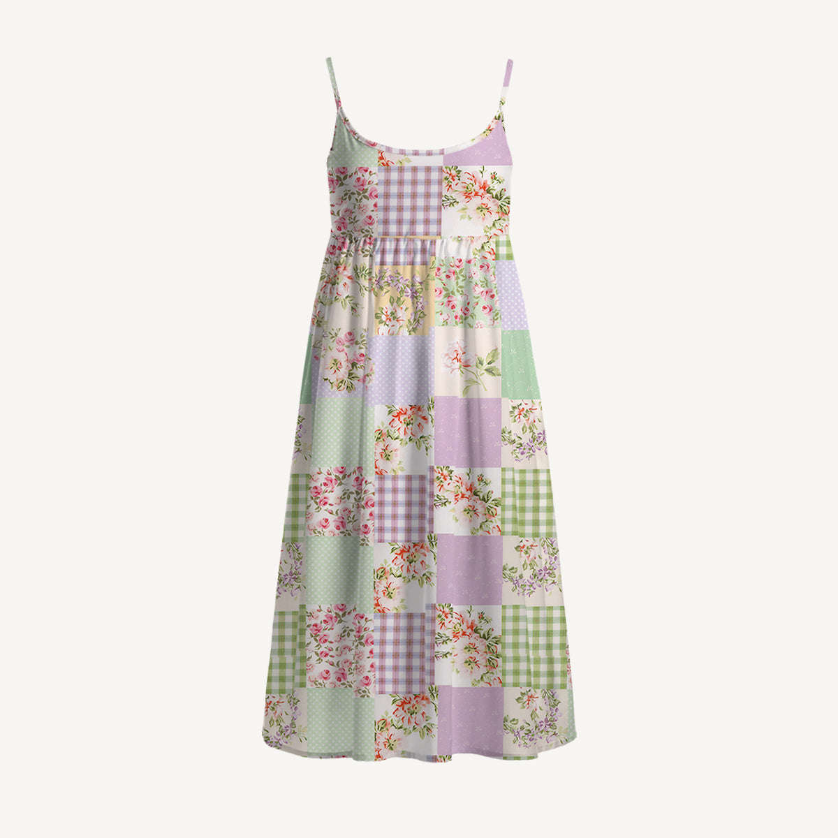 Creamy Garden Patchwork Print Spaghetti Strap Mini Dress