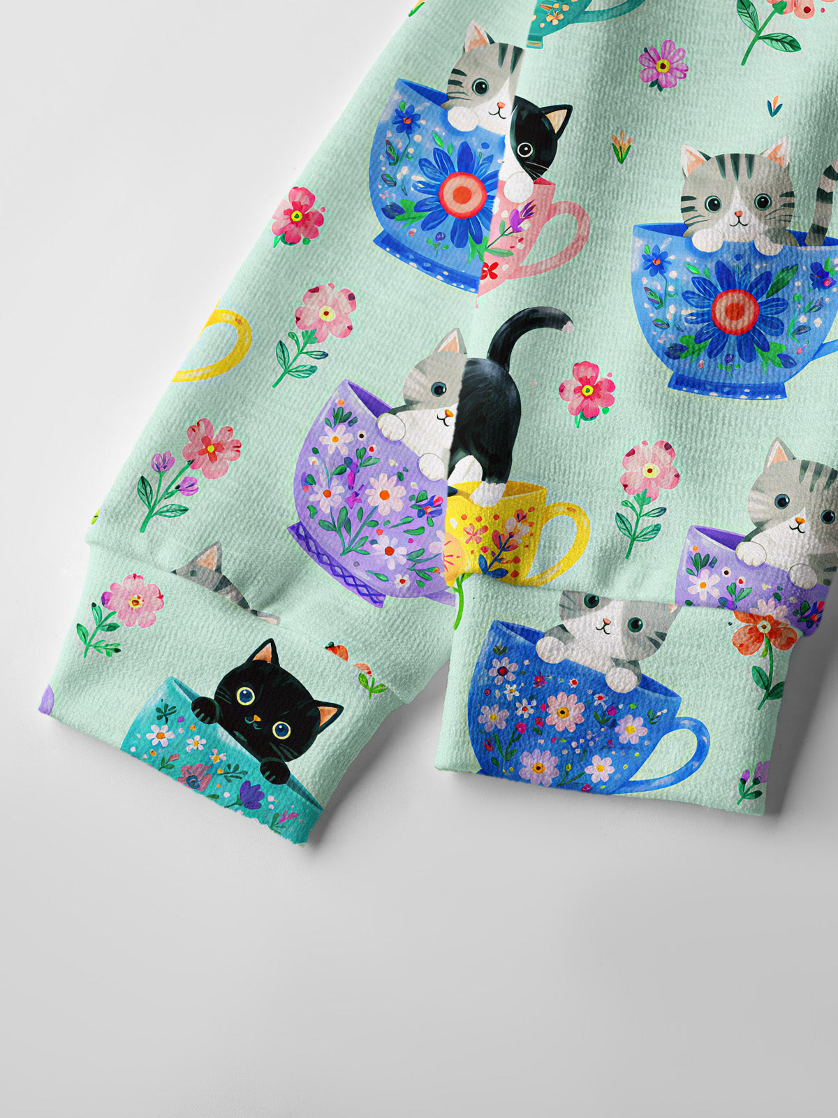 Lightweight Crew Neck Long‑Sleeve Cropped Cute Teacup Kitten Print Fine‑Knit Cardigan