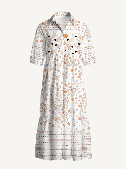 V Neck Collared Warm Garden Little Chick Print Casual Midi Dress With Pockets