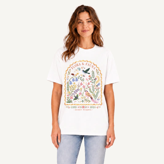 Folk Birds Sweet Meadow Print Crew Neck Cotton Tee