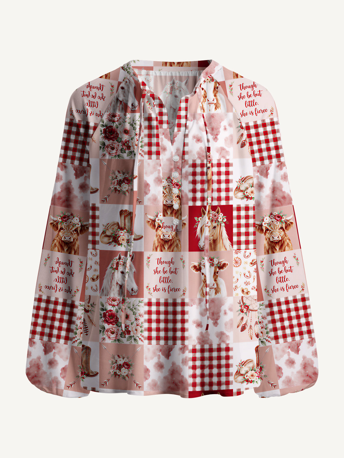 Vintage Western Farm Quilt Pattern Print Boho Long Sleeve Tie‑Neck Blouse