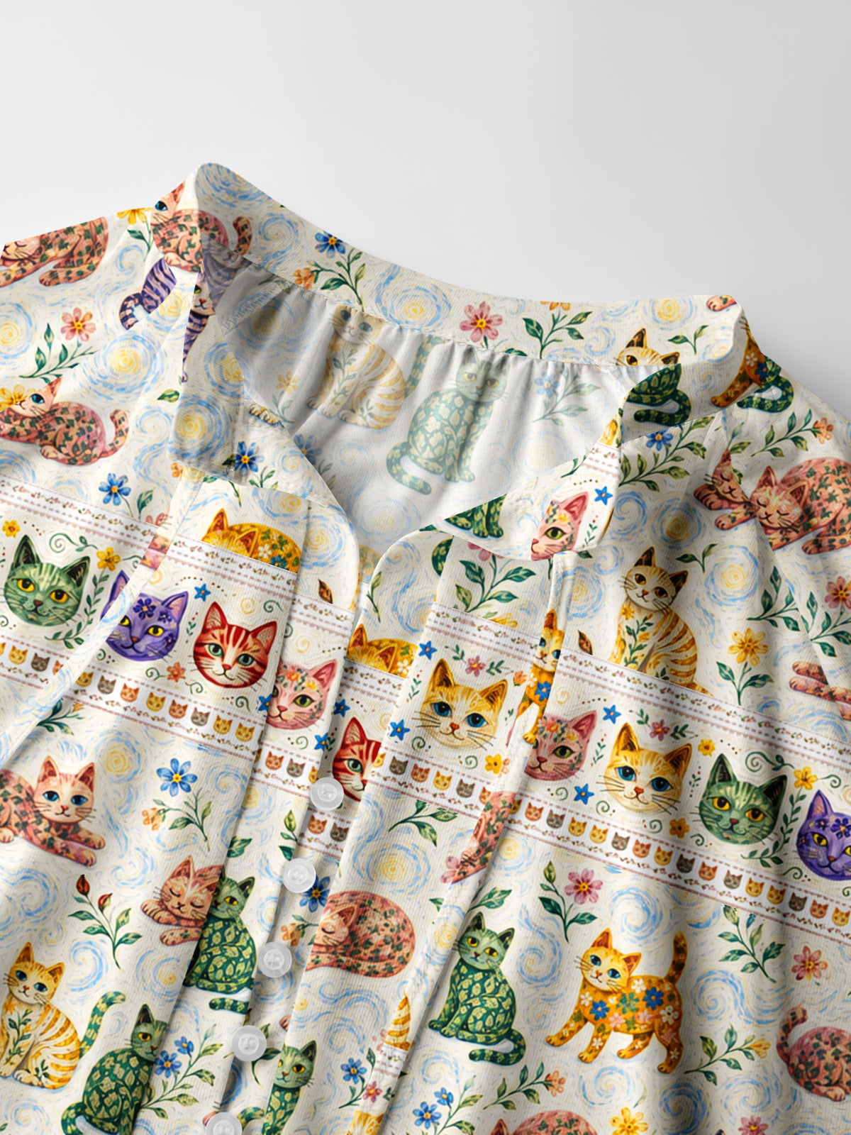Starry Night Cat Whisper Print Boho Long Sleeve Tie‑Neck Blouse