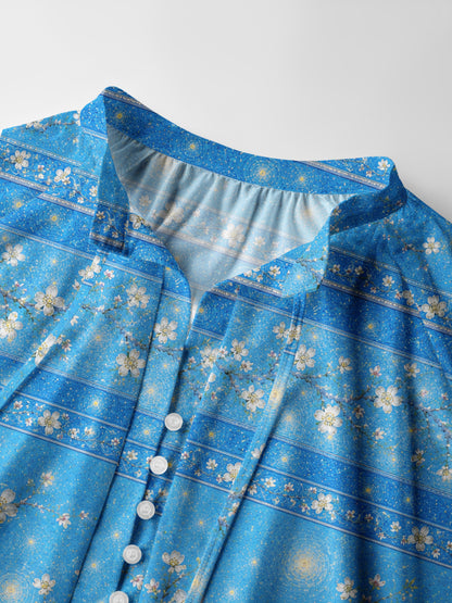 Night Garden Starry Print Boho Long Sleeve Tie‑Neck Blouse