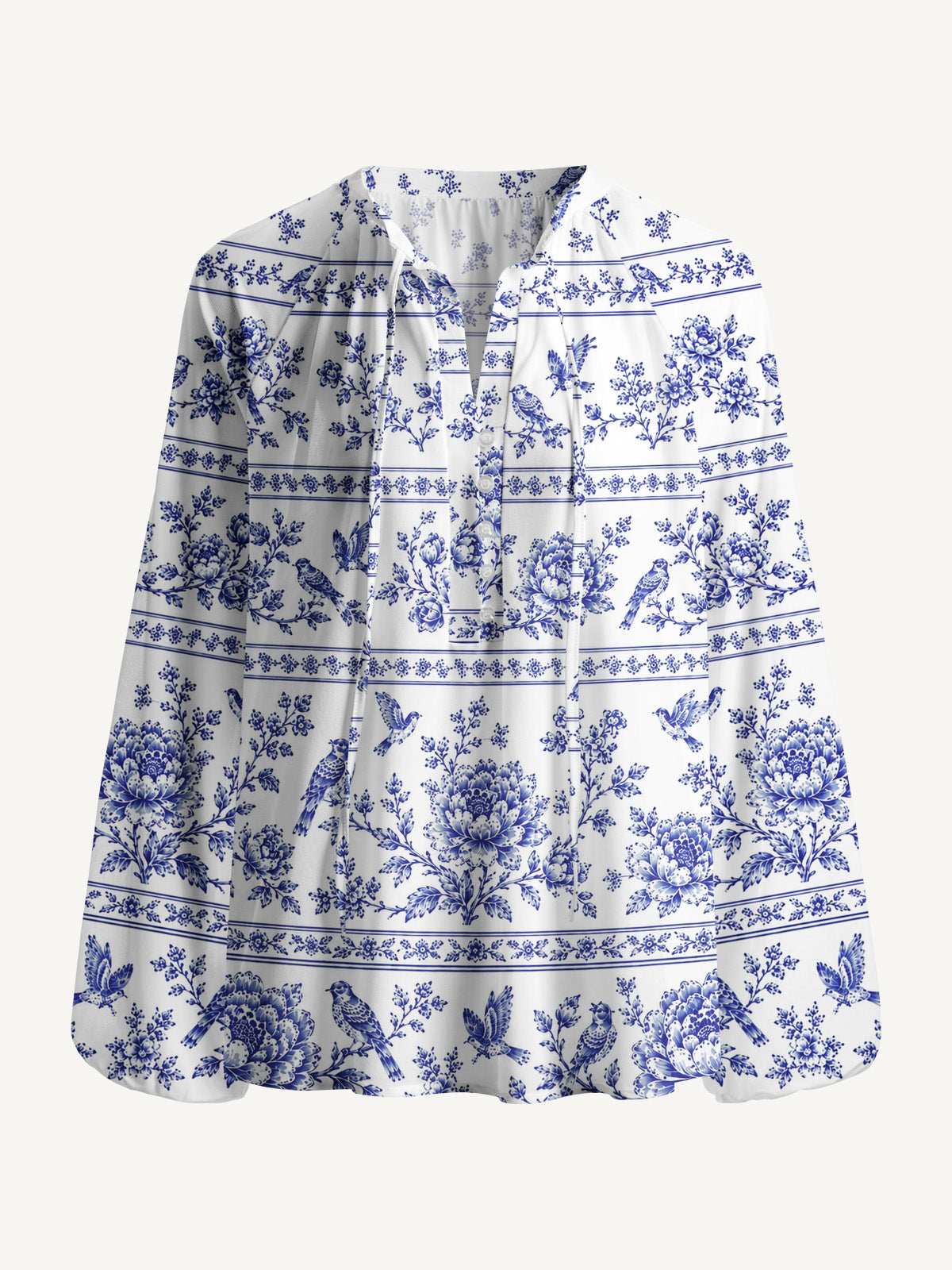 Bluebird Blossom Toile Print Boho Long Sleeve Tie‑Neck Blouse