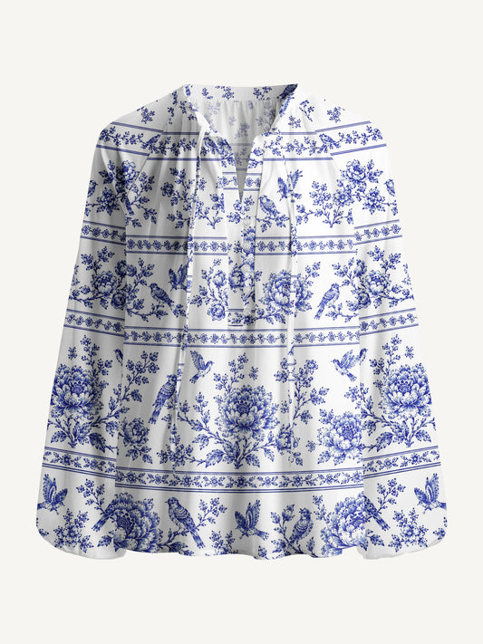 Bluebird Blossom Toile Print Boho Long Sleeve Tie‑Neck Blouse