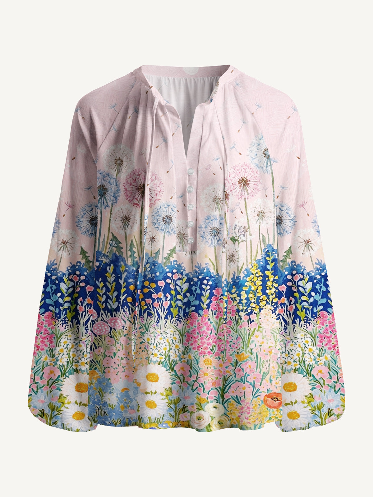 Moonlit Dandelion Garden Print Boho Long Sleeve Tie‑Neck Blouse