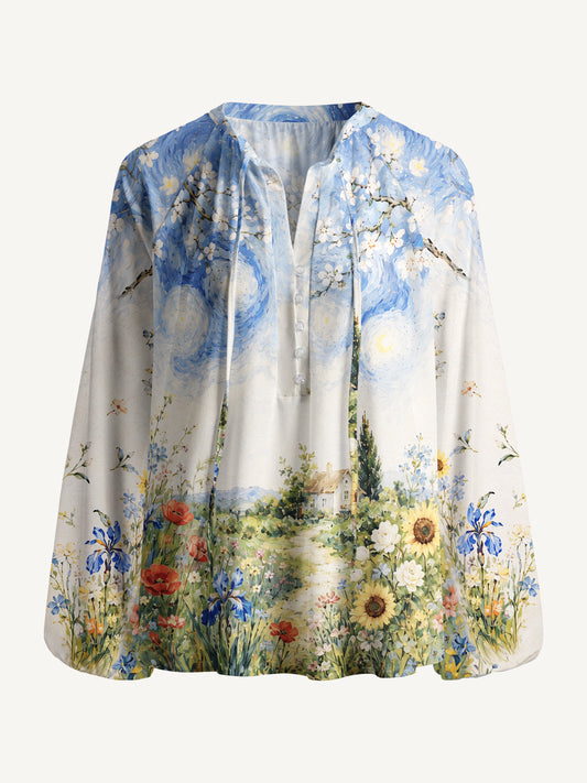 Starlit Flower Pat Print Boho Long Sleeve Tie‑Neck Blouse