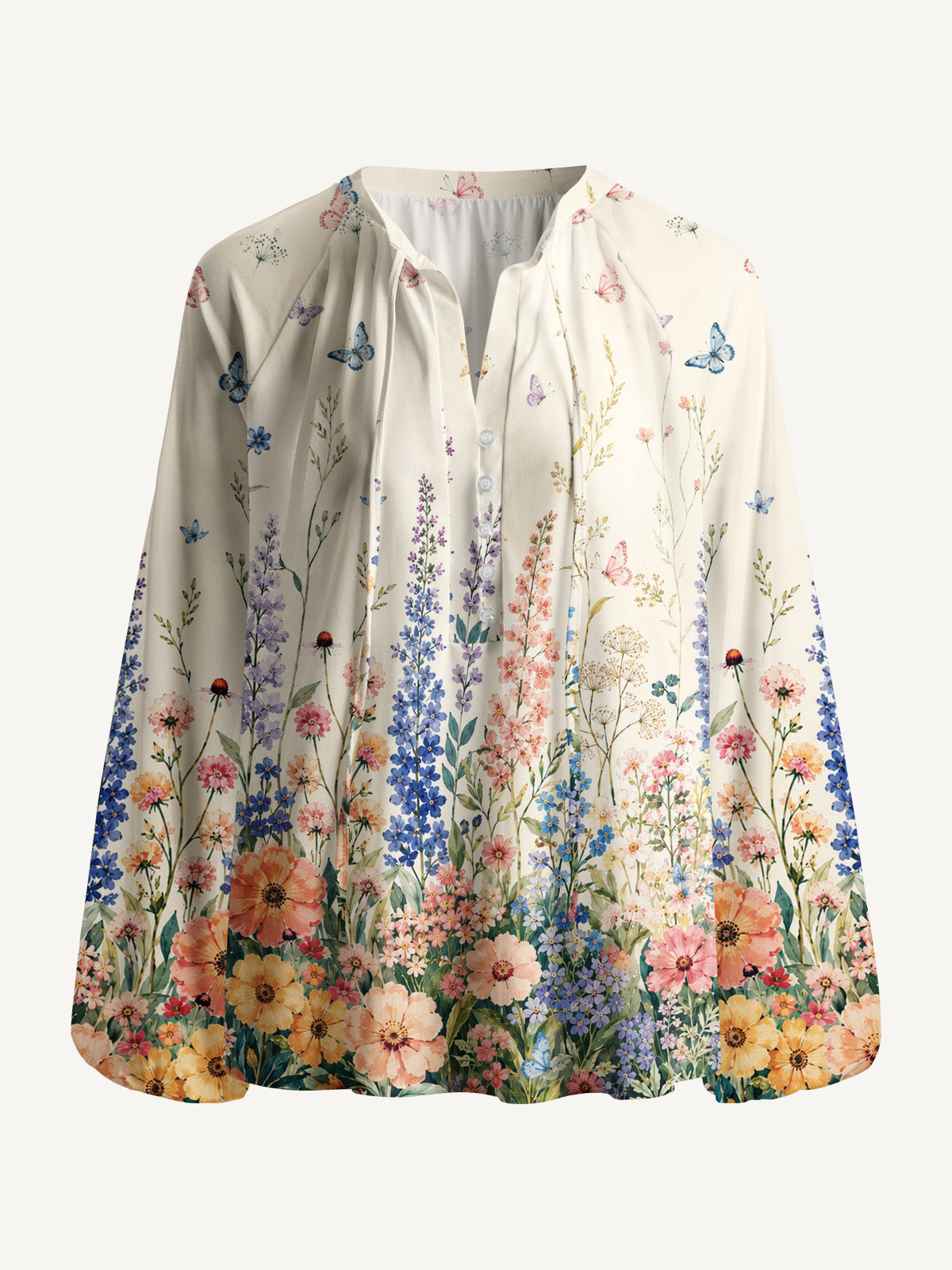 Morning Wildflower Path Print Boho Long Sleeve Tie‑Neck Blouse