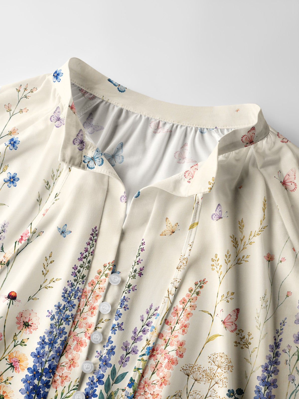 Morning Wildflower Path Print Boho Long Sleeve Tie‑Neck Blouse