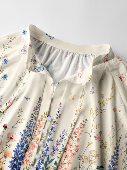 Morning Wildflower Path Print Boho Long Sleeve Tie‑Neck Blouse