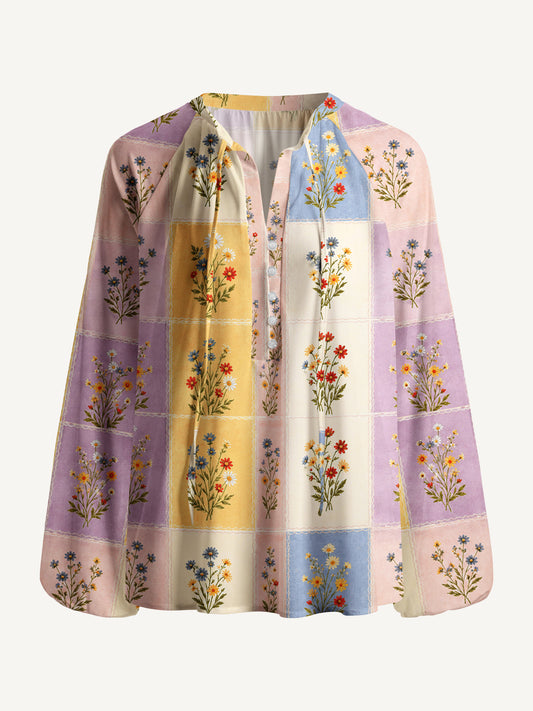 Soft Pastel Check Wildflower Print Boho Long Sleeve Tie‑Neck Blouse