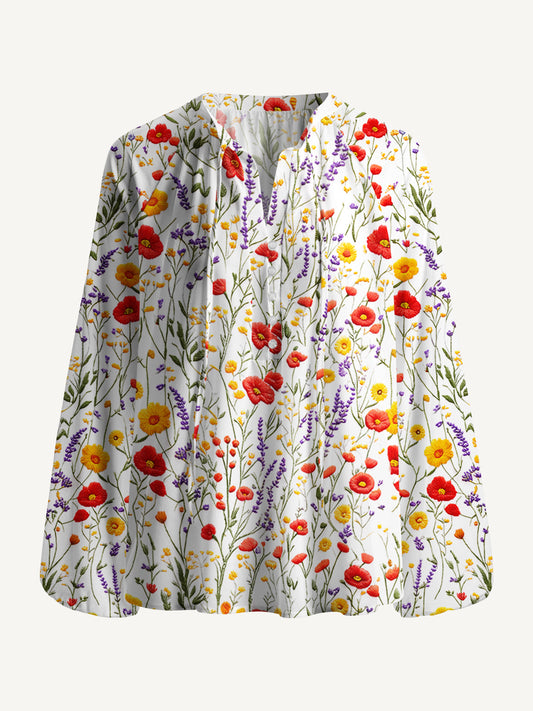 Floral Meadow Sunshine Print Boho Long Sleeve Tie‑Neck Blouse