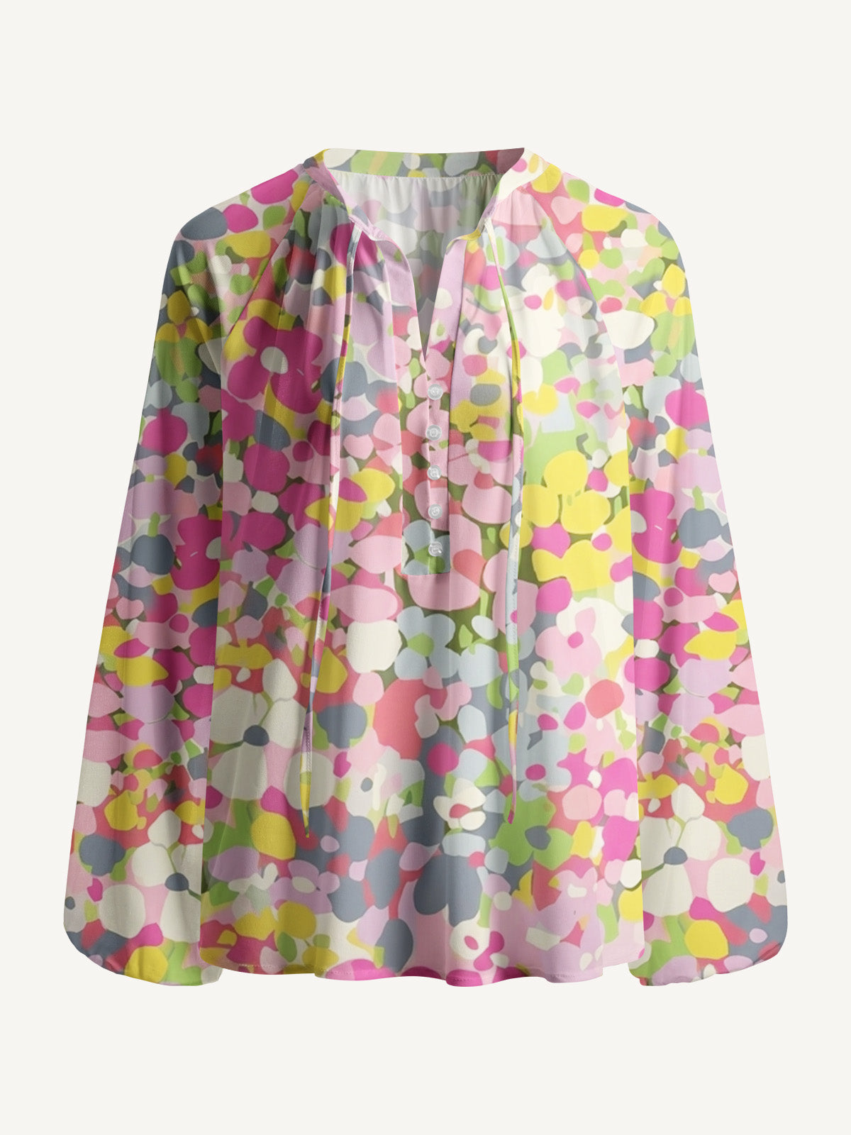 Floral Candy Confetti Print Boho Long Sleeve Tie‑Neck Blouse