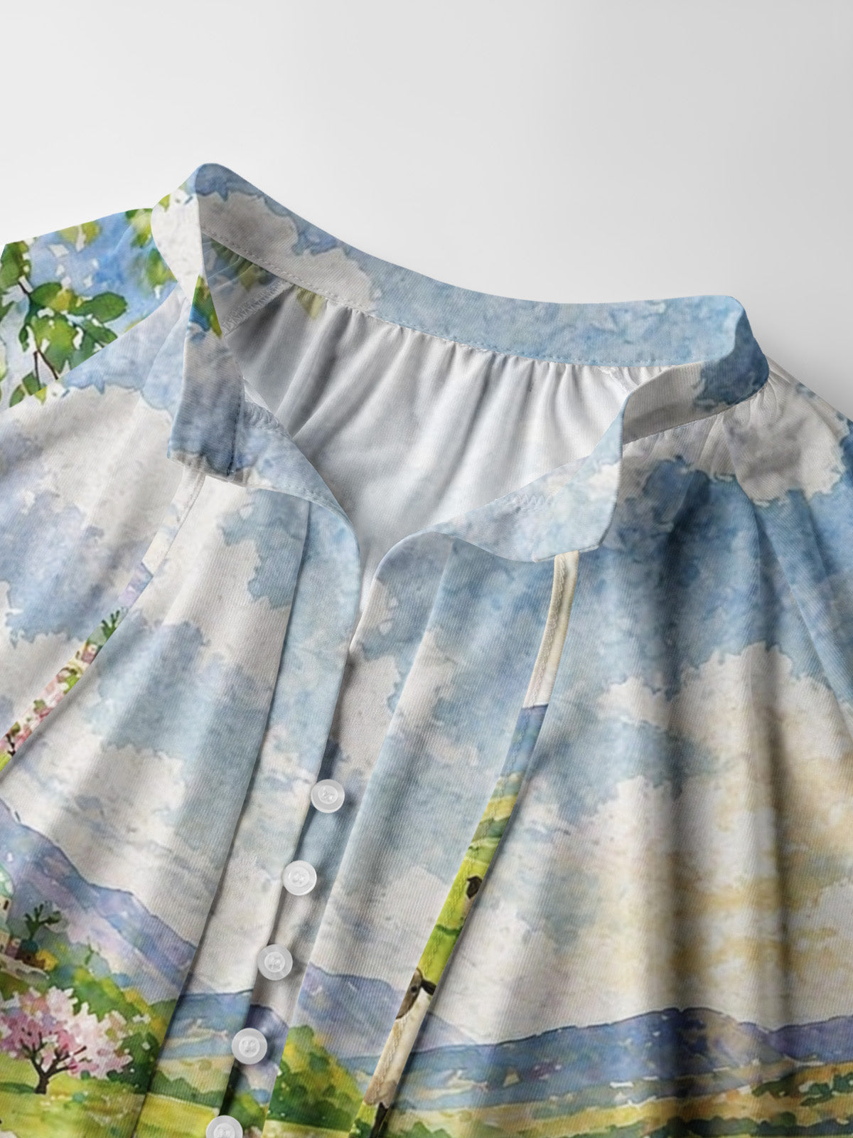 Spring Meadow Sheep and Blossoms Landscape Print Boho Long Sleeve Tie‑Neck Blouse