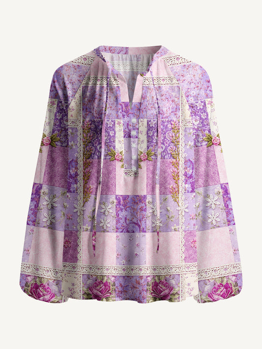 Purple Meadow Vintage Patchwork Print Boho Long Sleeve Tie‑Neck Blouse