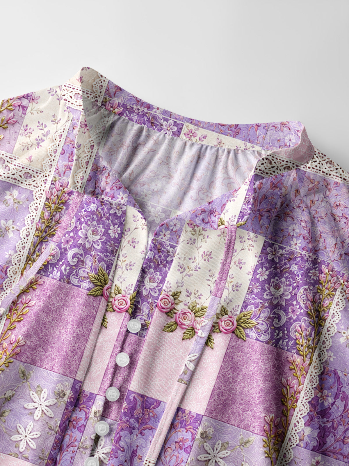 Purple Meadow Vintage Patchwork Print Boho Long Sleeve Tie‑Neck Blouse