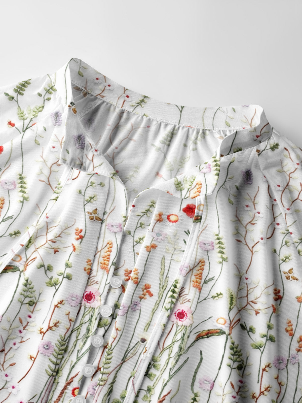 Misty Forest Wildflower Print Boho Long Sleeve Tie‑Neck Blouse
