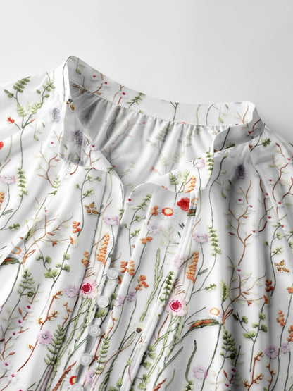 Misty Forest Wildflower Print Boho Long Sleeve Tie‑Neck Blouse