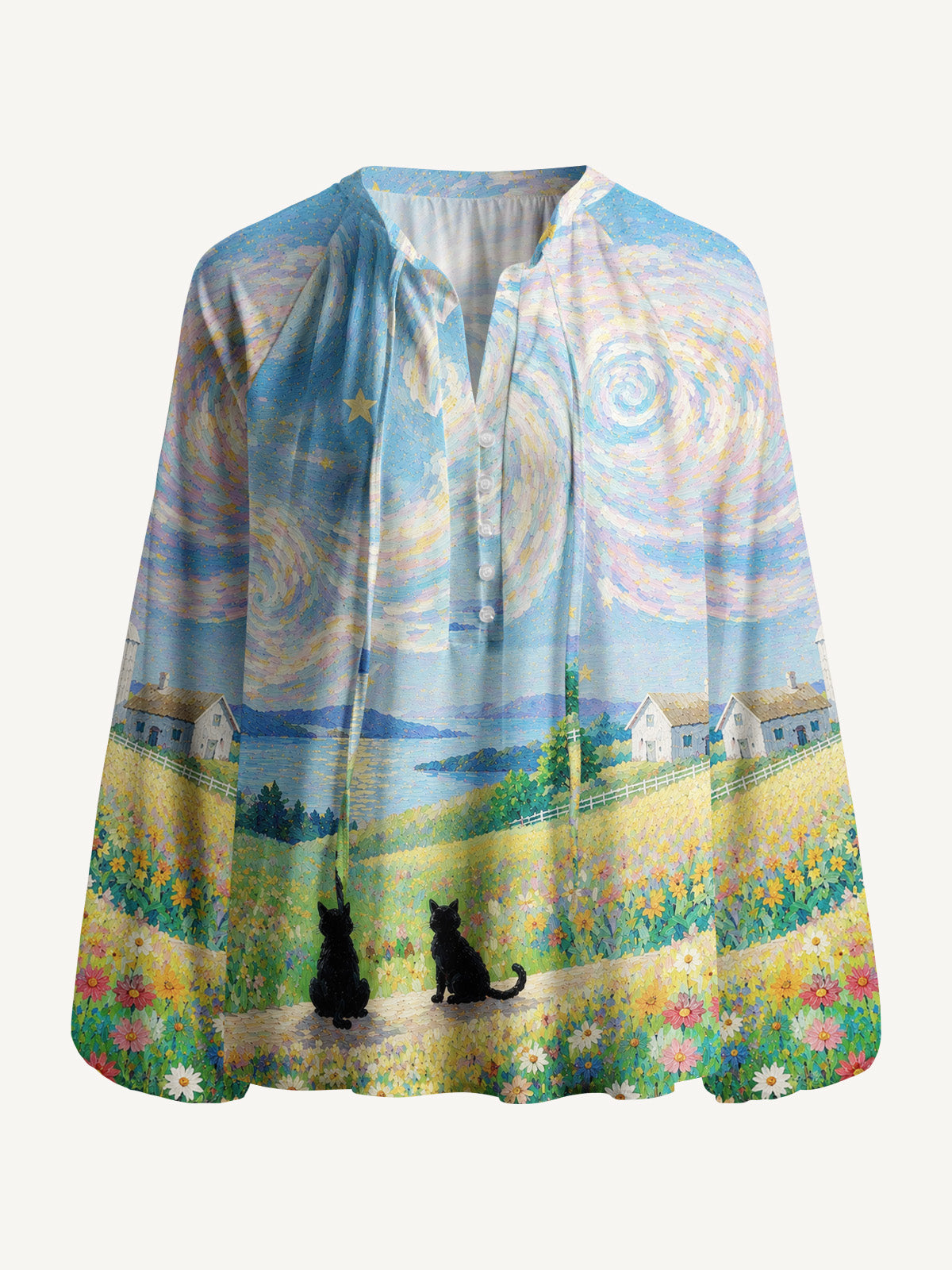 Starry Village Cat Print Boho Long Sleeve Tie‑Neck Blouse
