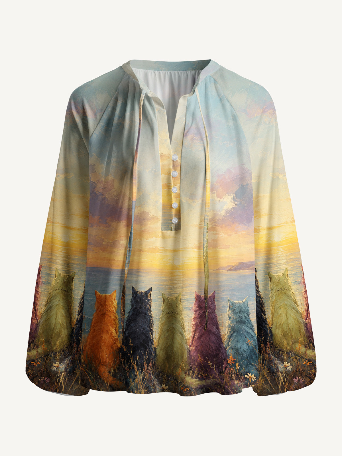 Sunset Cat Garden Art  Print Boho Long Sleeve Tie‑Neck Blouse