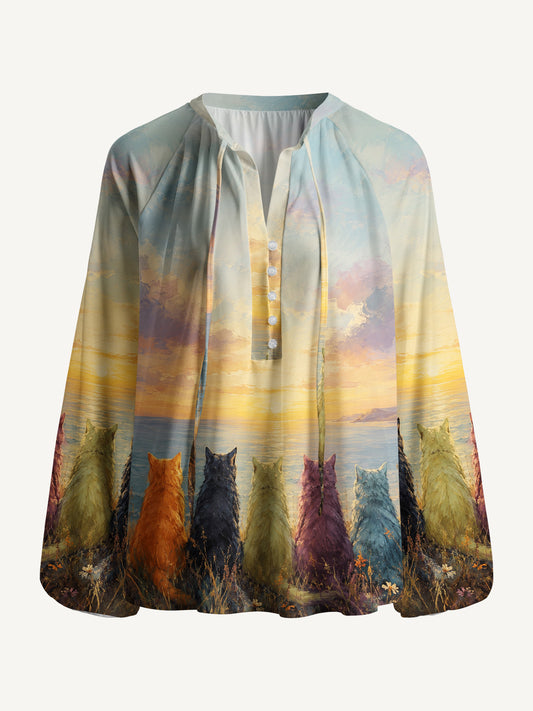 Sunset Cat Garden Art  Print Boho Long Sleeve Tie‑Neck Blouse