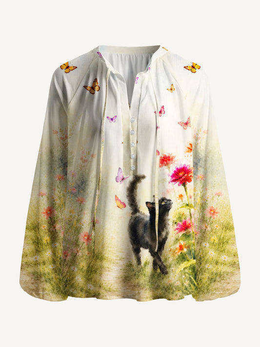 Black Cat in Blooming Garden Watercolor Print Boho Long Sleeve Tie‑Neck Blouse