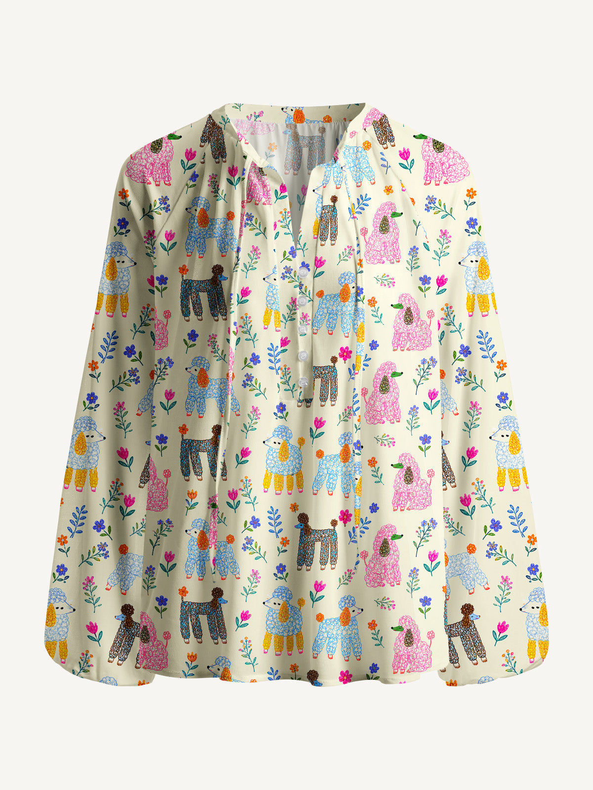 Whimsical Garden Poodles Pattern Print Boho Long Sleeve Tie‑Neck Blouse