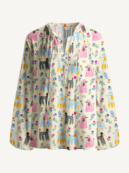 Whimsical Garden Poodles Pattern Print Boho Long Sleeve Tie‑Neck Blouse
