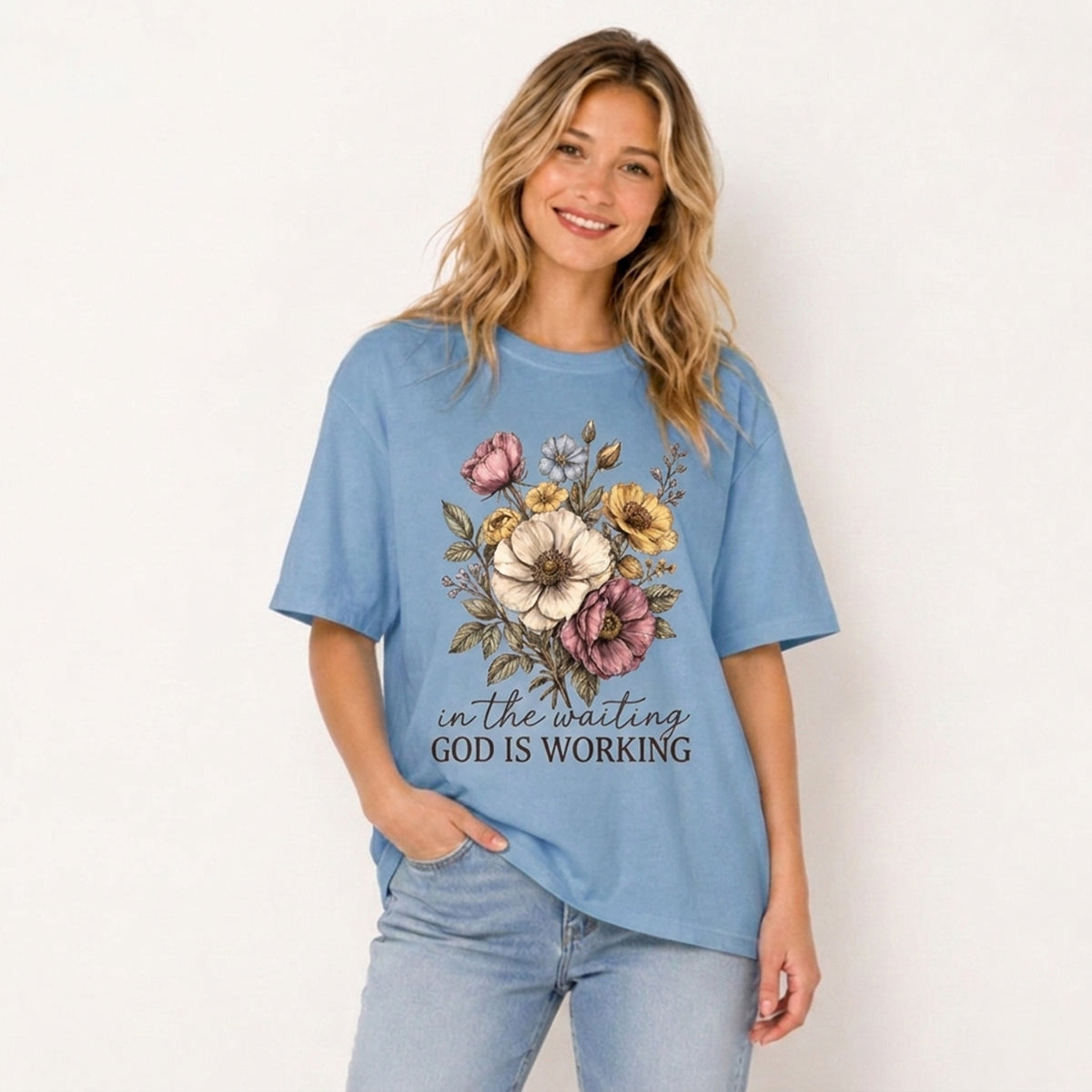 Vintage Wildflowers Bouquet Print Crew Neck Cotton Tee
