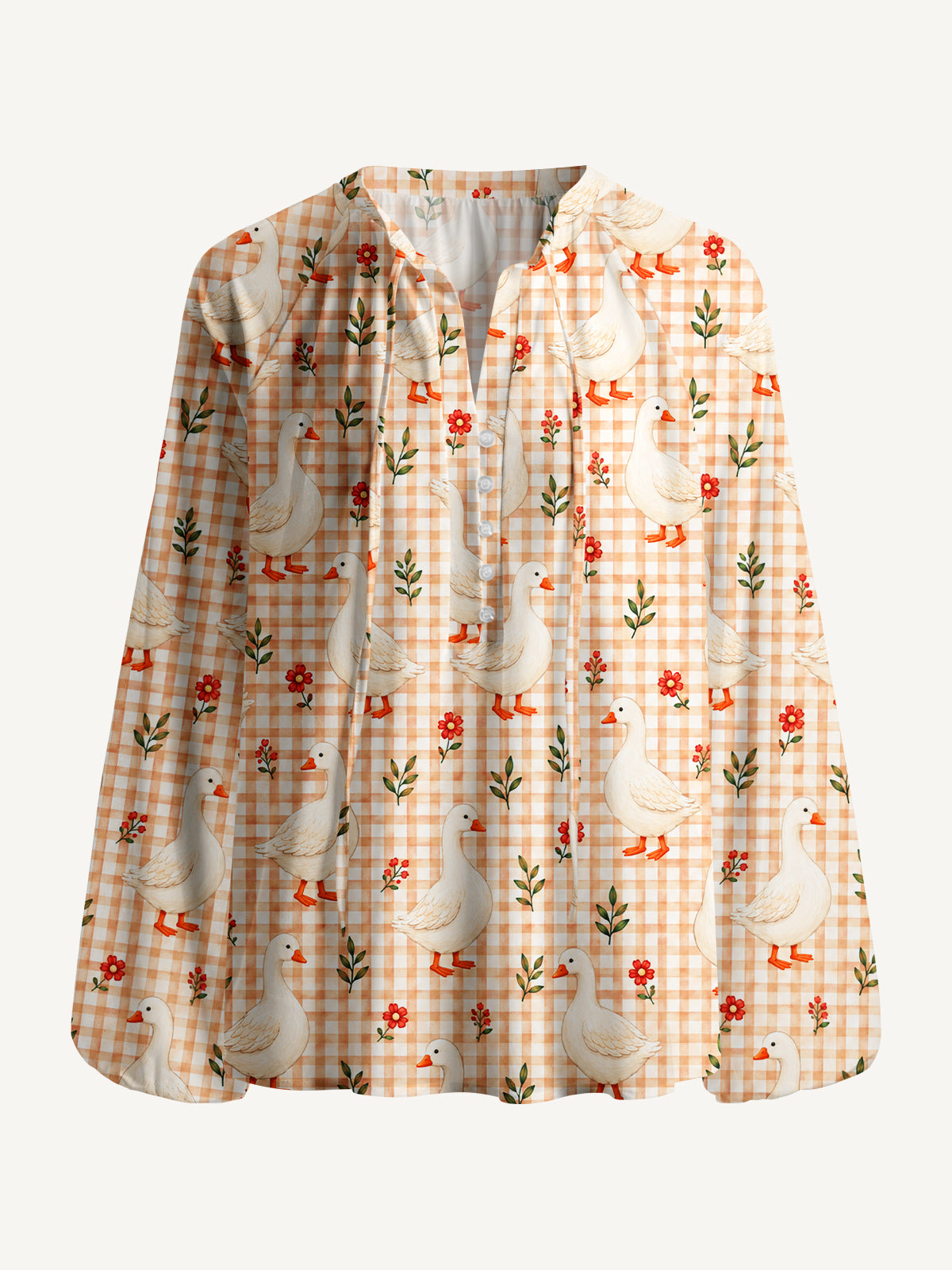Country Gingham Garden Geese Print Boho Long Sleeve Tie‑Neck Blouse