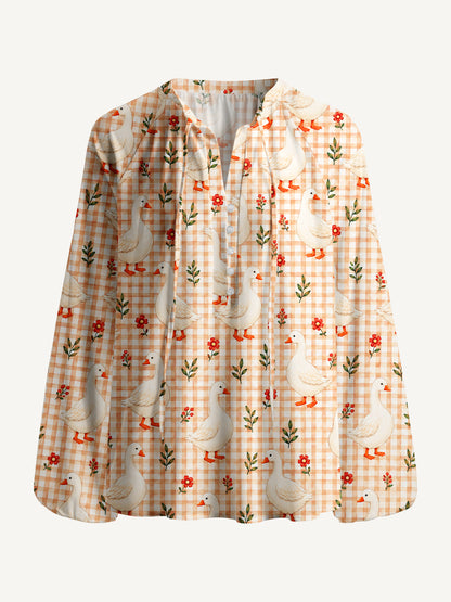 Country Gingham Garden Geese Print Boho Long Sleeve Tie‑Neck Blouse