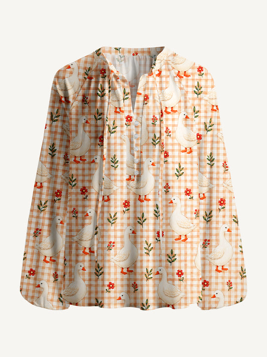 Country Gingham Garden Geese Print Boho Long Sleeve Tie‑Neck Blouse