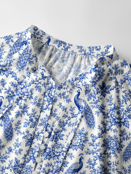 Blue Chinoiserie Peacock and Bloom Toile Print Boho Long Sleeve Tie‑Neck Blouse
