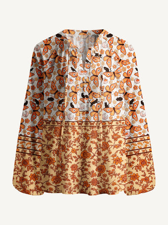 Whispering Wings Halloween Print Boho Long Sleeve Tie‑Neck Blouse