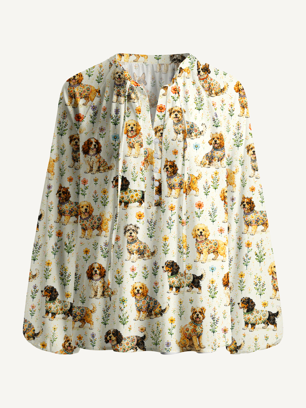 Cute Dog Garden Print Boho Long Sleeve Tie‑Neck Blouse