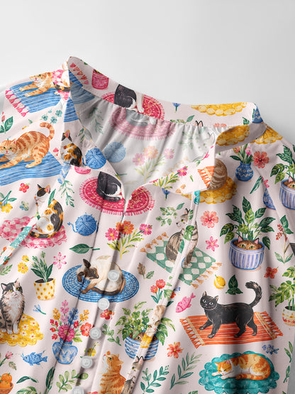 Cozy Garden Cats on Colorful Rugs Print Boho Long Sleeve Tie‑Neck Blouse