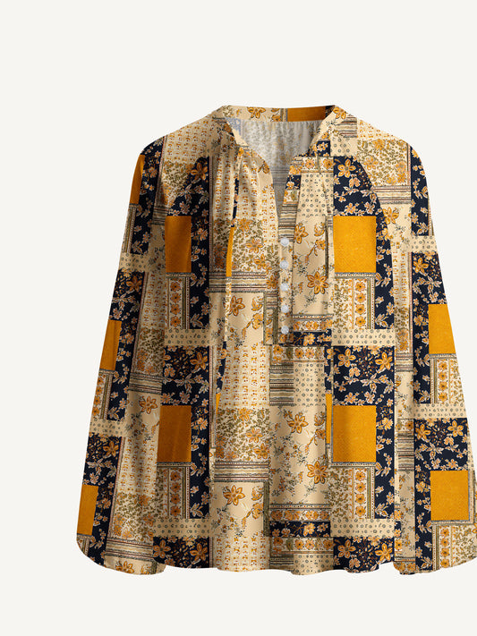 Vintage Mustard and Navy Floral Patchwork Print Boho Long Sleeve Tie‑Neck Blouse