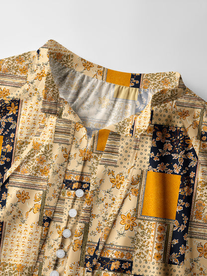 Vintage Mustard and Navy Floral Patchwork Print Boho Long Sleeve Tie‑Neck Blouse