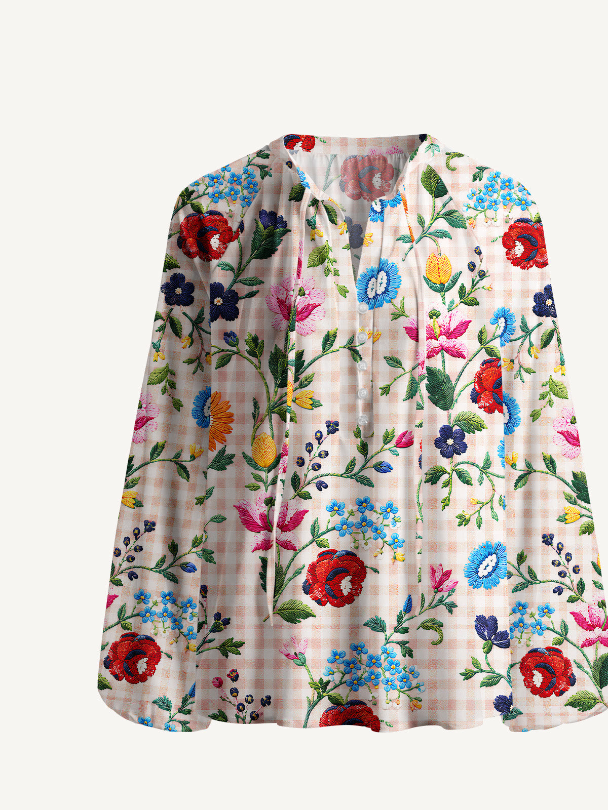 Embroidered Meadow Gingham Print Boho Long Sleeve Tie‑Neck Blouse