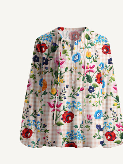 Embroidered Meadow Gingham Print Boho Long Sleeve Tie‑Neck Blouse