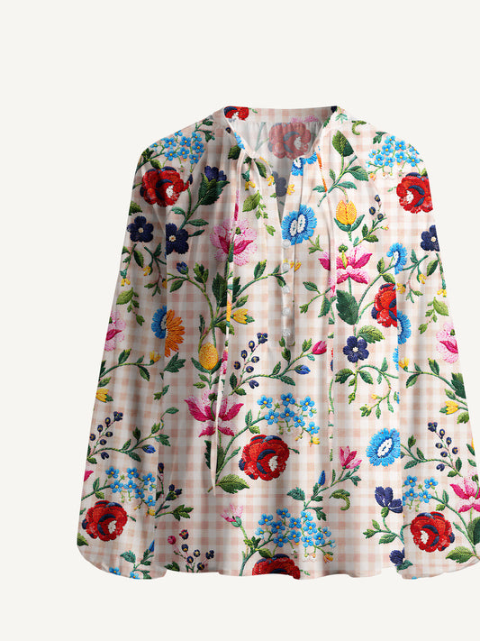 Embroidered Meadow Gingham Print Boho Long Sleeve Tie‑Neck Blouse