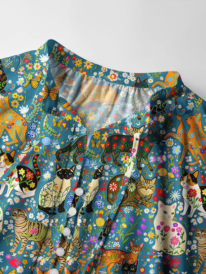 Colorful Garden Cat Pattern Print Boho Long Sleeve Tie‑Neck Blouse