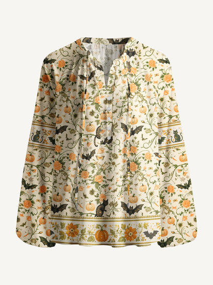 Pastoral Pumpkin Cat Print Boho Long Sleeve Tie‑Neck Blouse