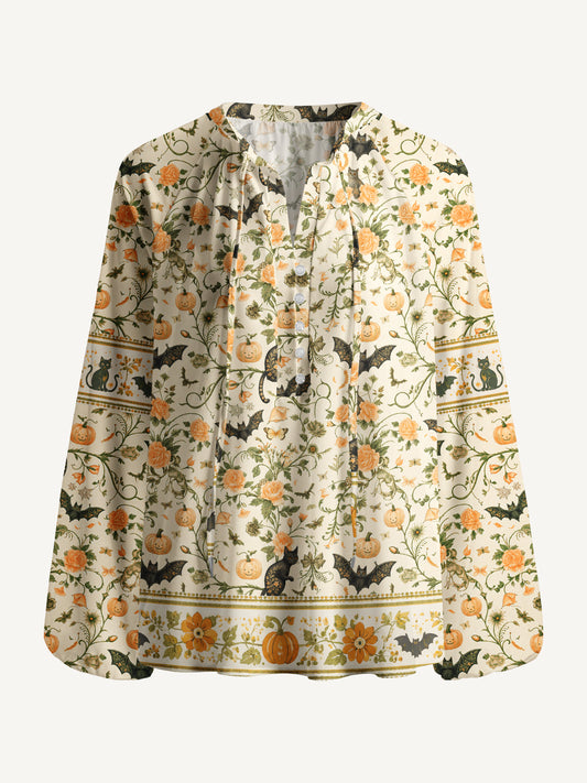Pastoral Pumpkin Cat Print Boho Long Sleeve Tie‑Neck Blouse
