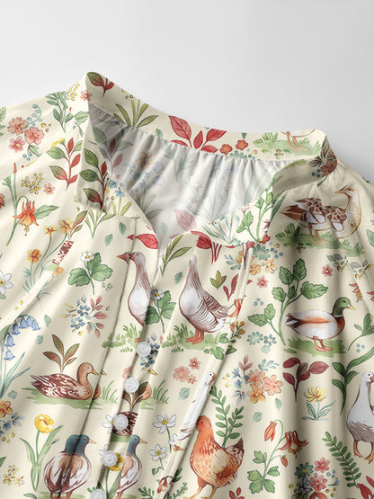 Countryside Garden Critter Print Boho Long Sleeve Tie‑Neck Blouse