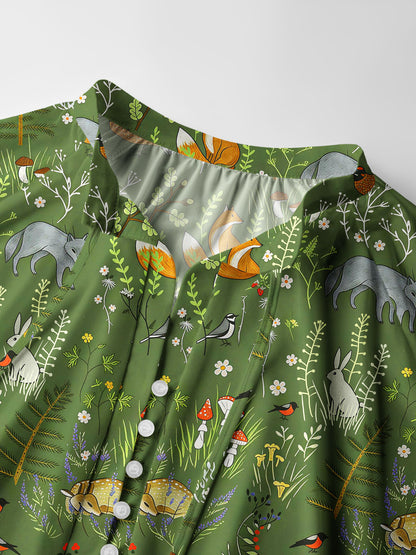 Whimsical Woodland Animals Print Boho Long Sleeve Tie‑Neck Blouse