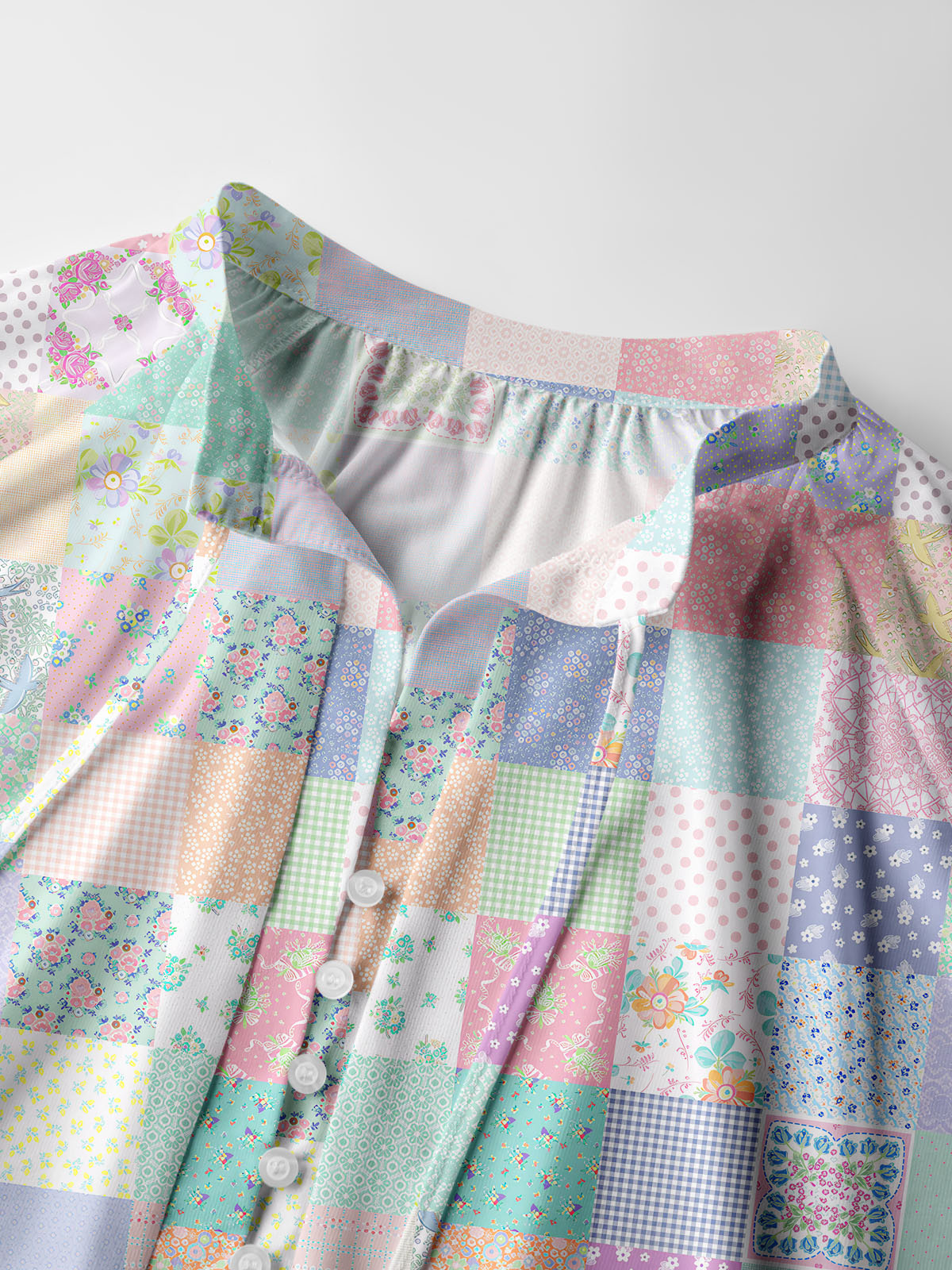 Vintage Quilt Patchwor Print Boho Long Sleeve Tie‑Neck Blouse