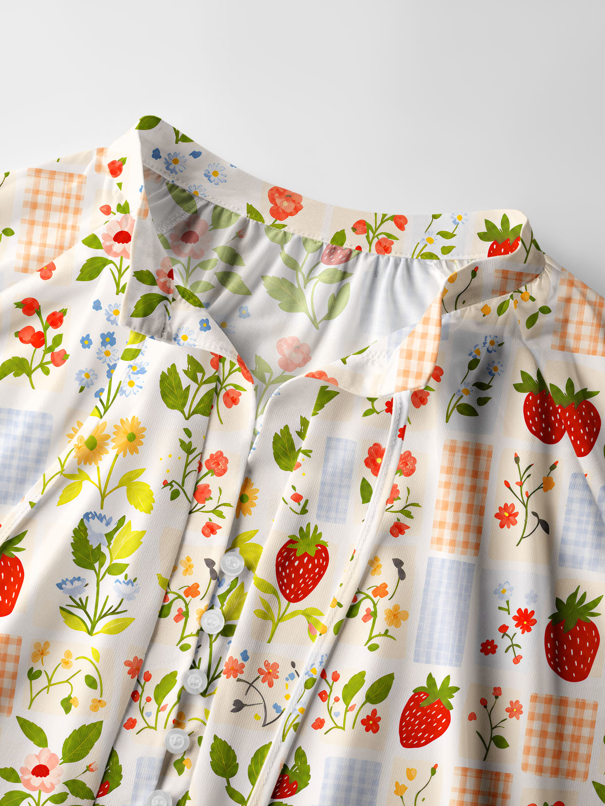 Strawberry Garden Patchwork Print Boho Long Sleeve Tie‑Neck Blouse