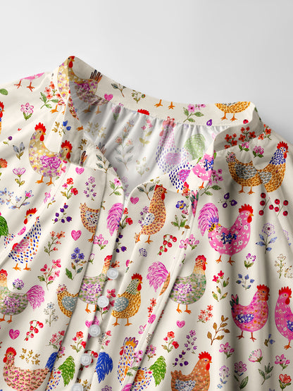Colorful Farm Chickens Print Boho Long Sleeve Tie‑Neck Blouse