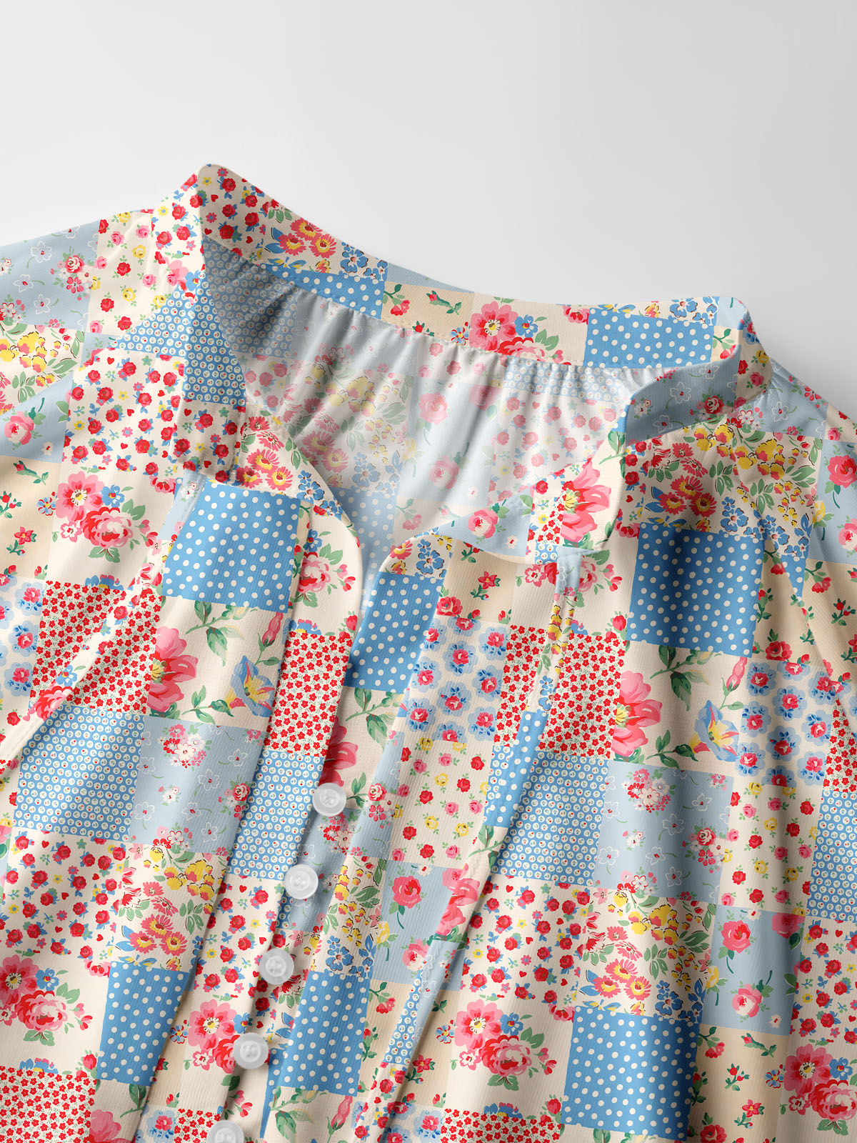 Square Neck Pastel Patc Print Boho Long Sleeve Tie‑Neck Blouse